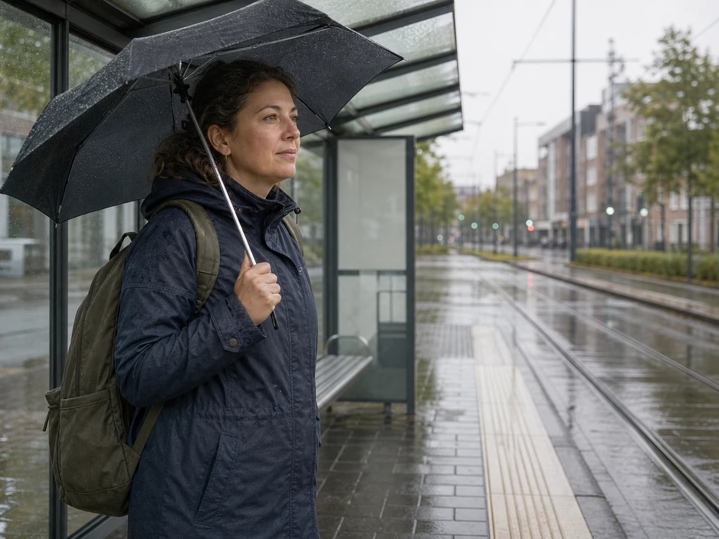 A woman with an umbrella waits at a tram stop in the rain.