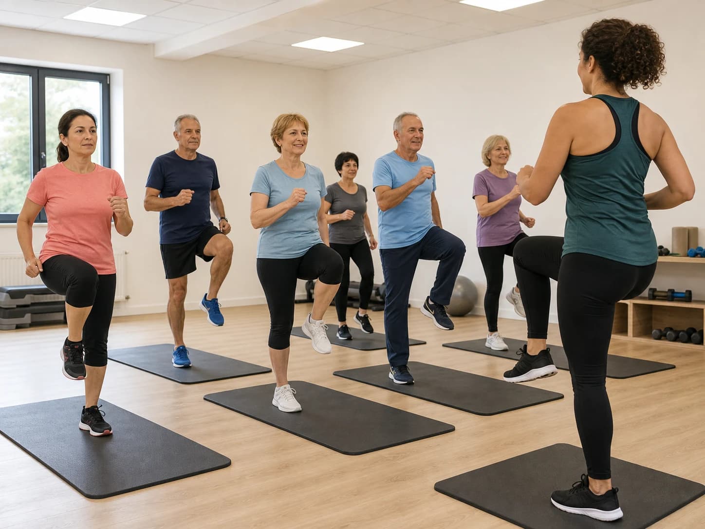 Adults follow a group fitness class.