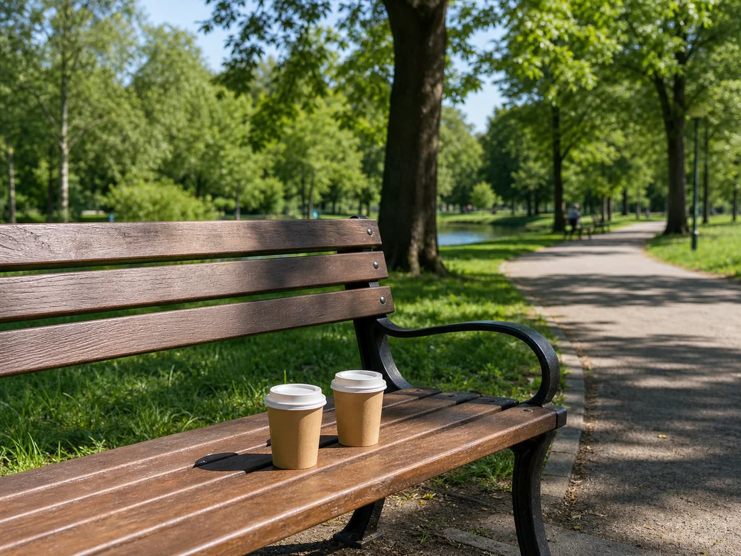 Two takeaway coffee cups sit near a park bench.