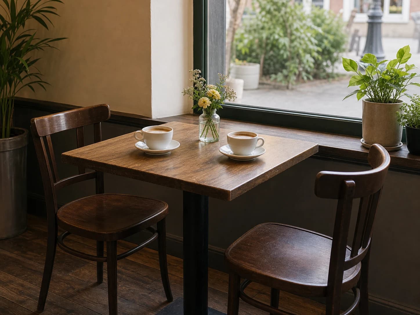 Two cups of coffee sit on a table in a quiet cafe.