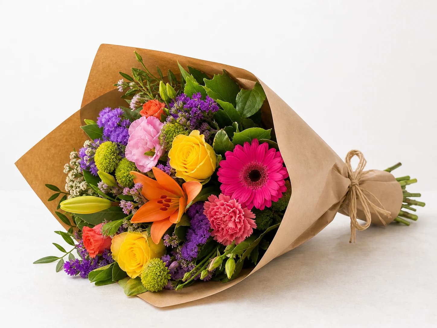 A colorful bouquet of flowers is wrapped as a gift.