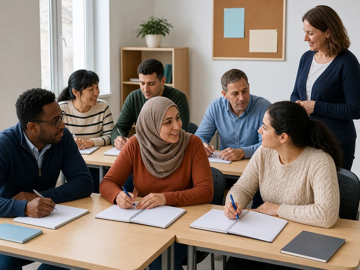 Adult learners practise Dutch together in a classroom.