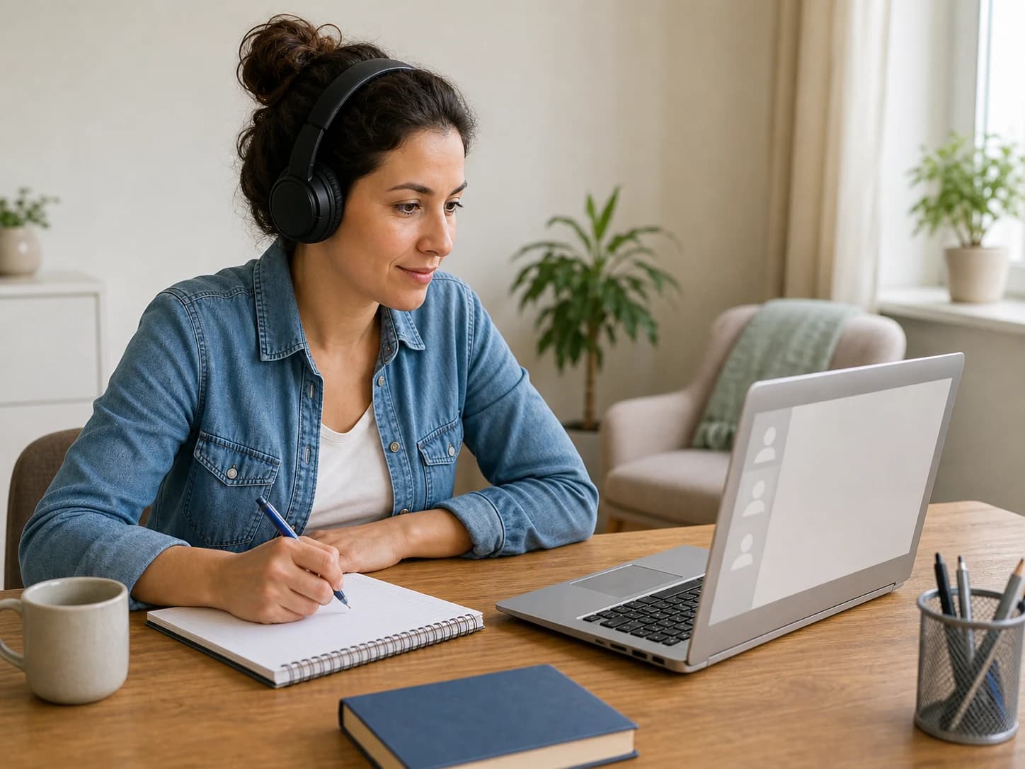 An adult learner studies Dutch online at home.