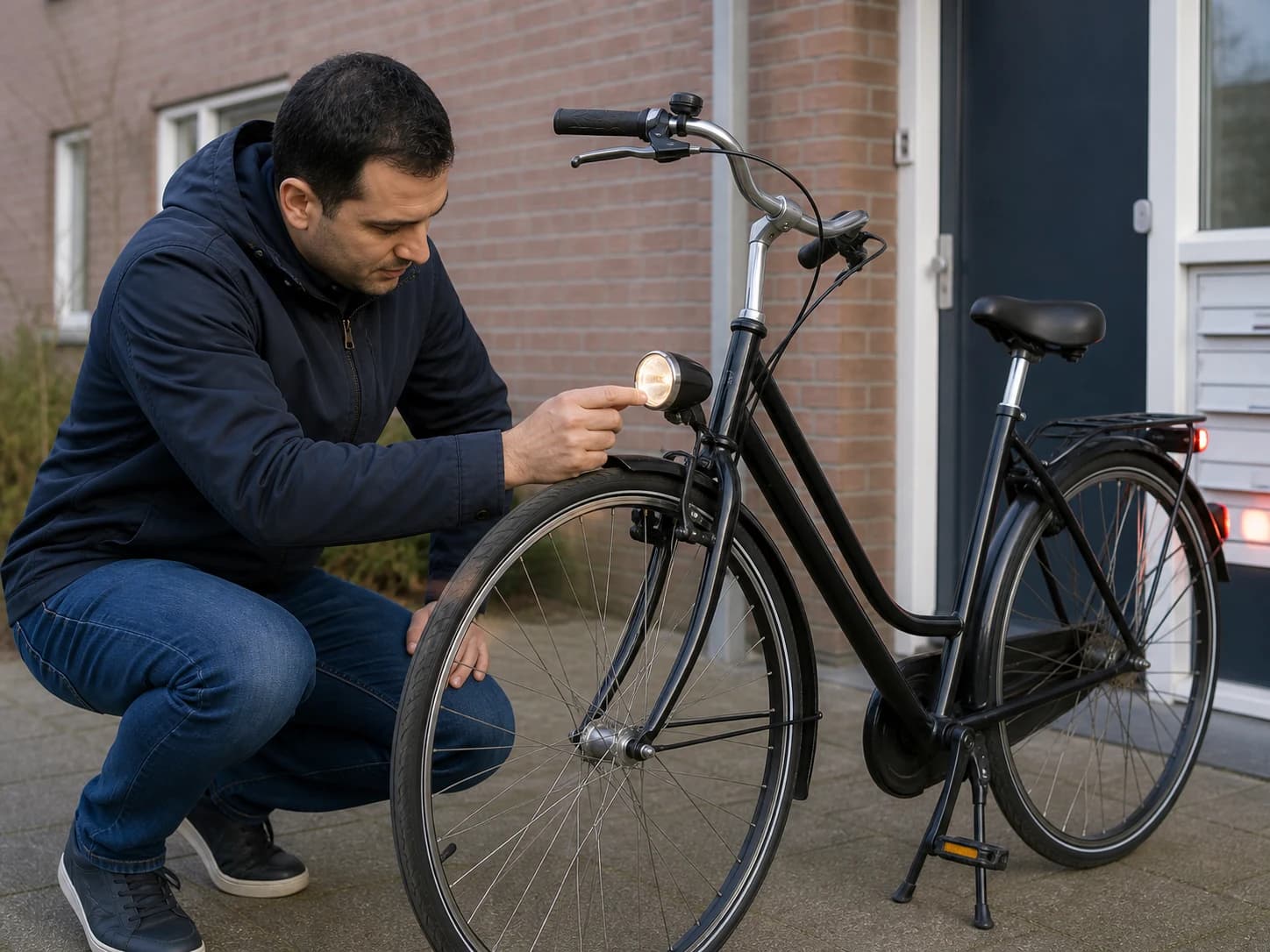 A man checks the lights on a bicycle.