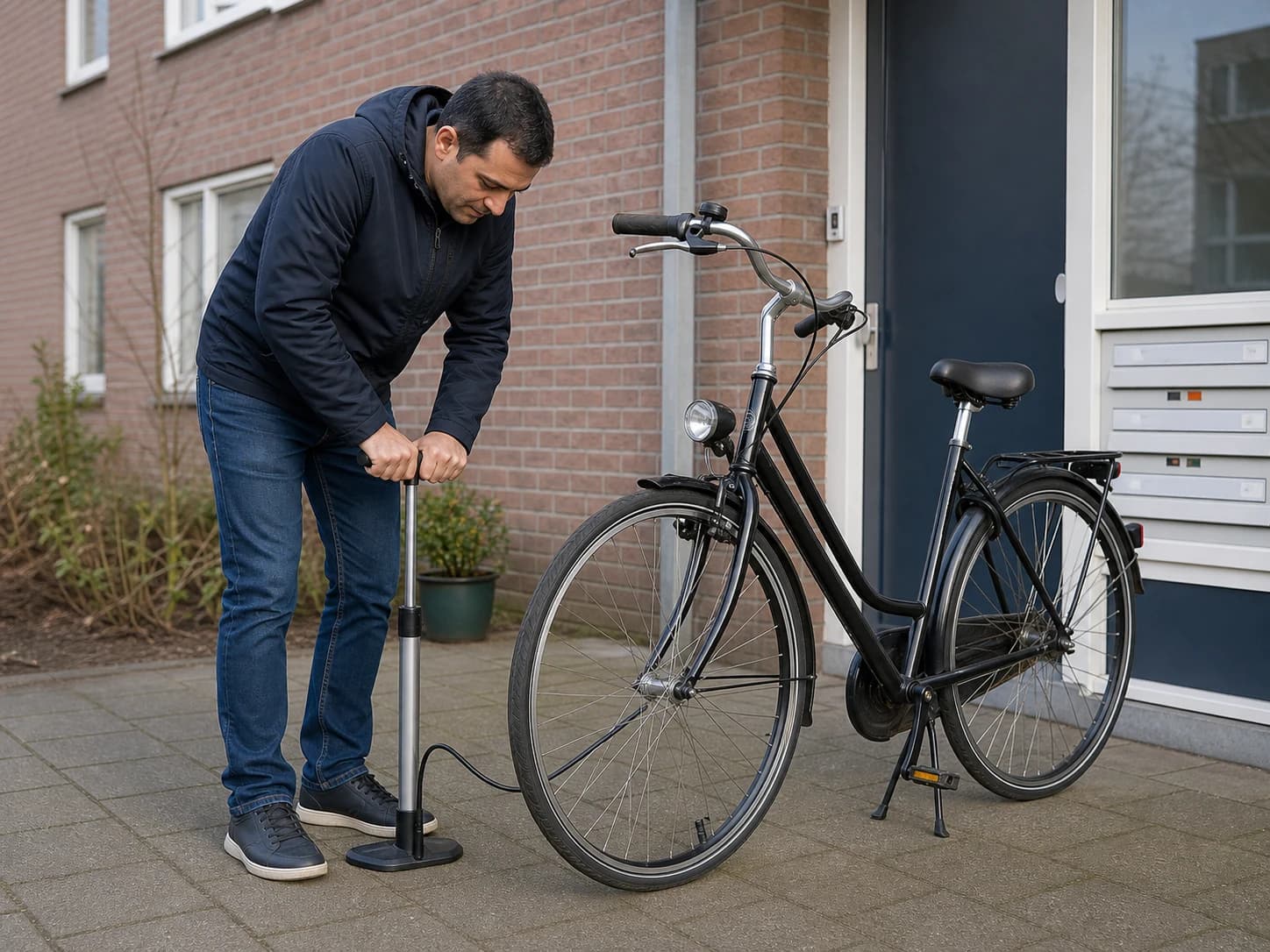 A man pumps air into a bicycle tire.