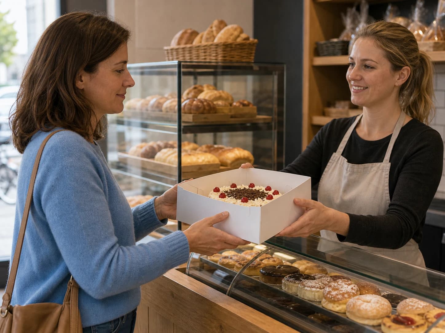 A woman buys a cake at a bakery.