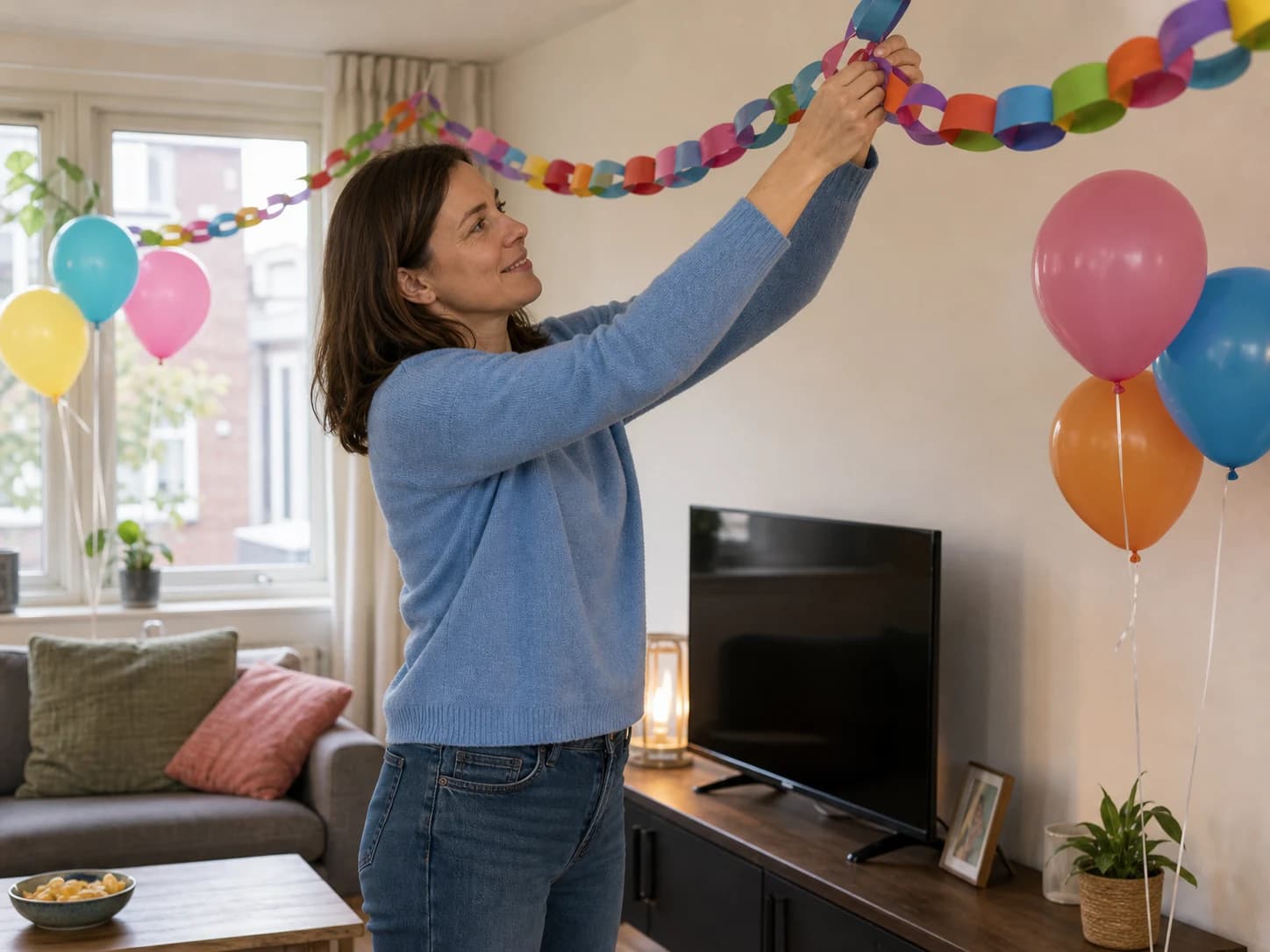 A woman decorates a living room for a birthday.