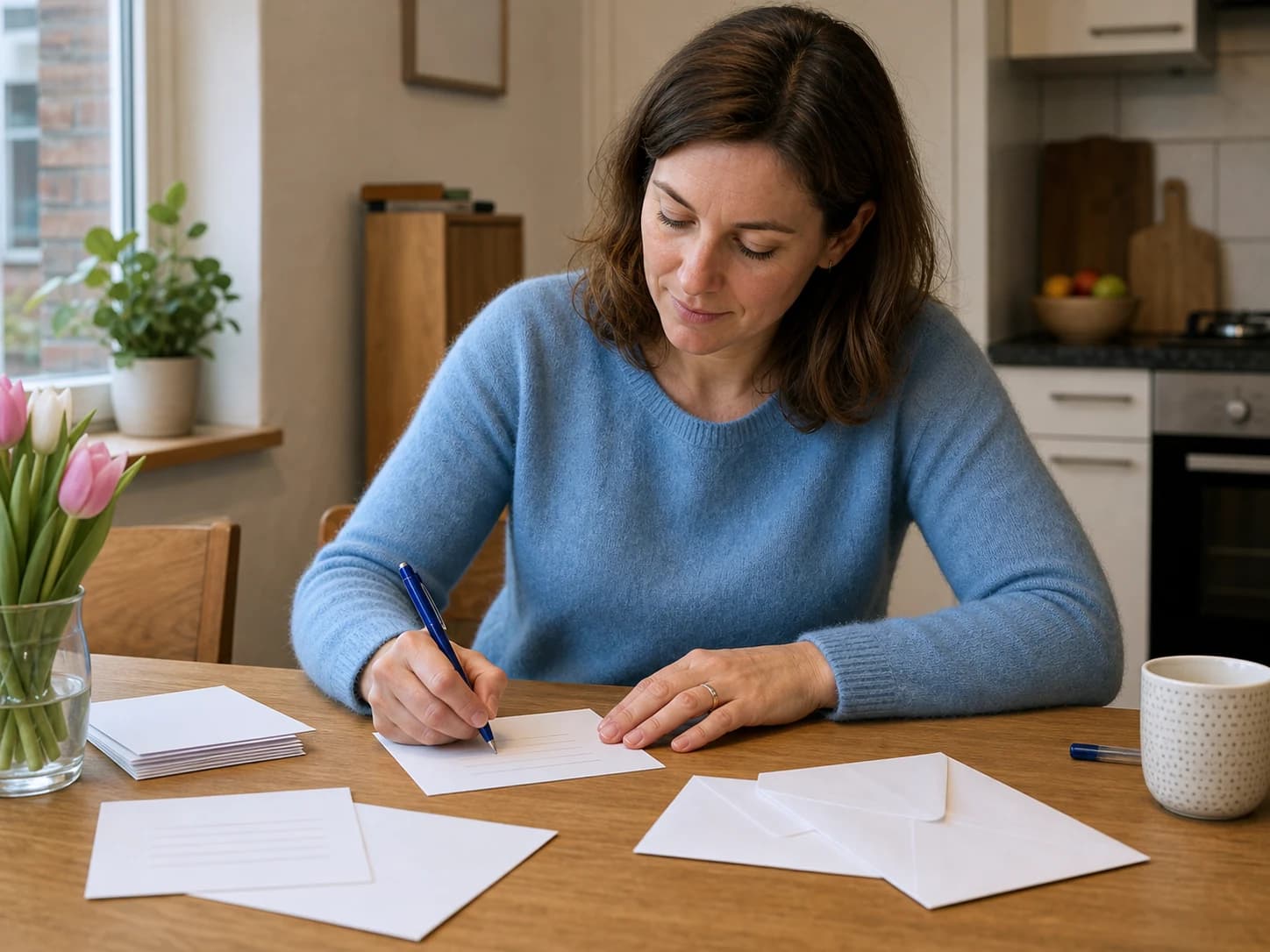 A woman writes birthday invitations at a table.