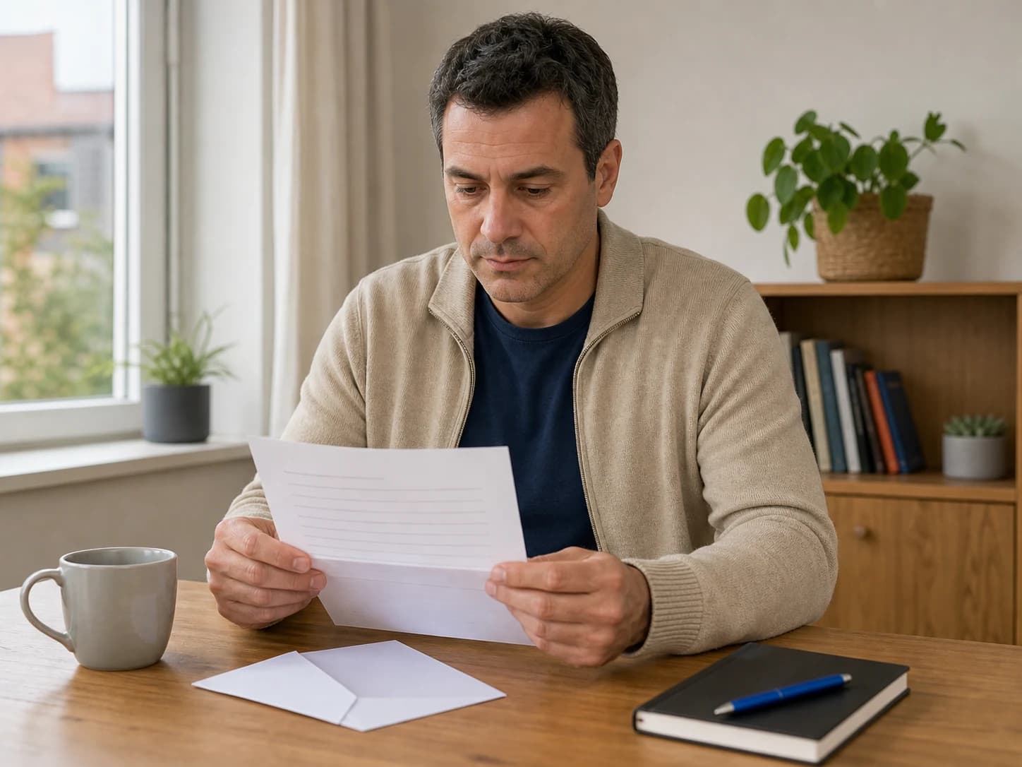 A man reads an appointment letter at home.