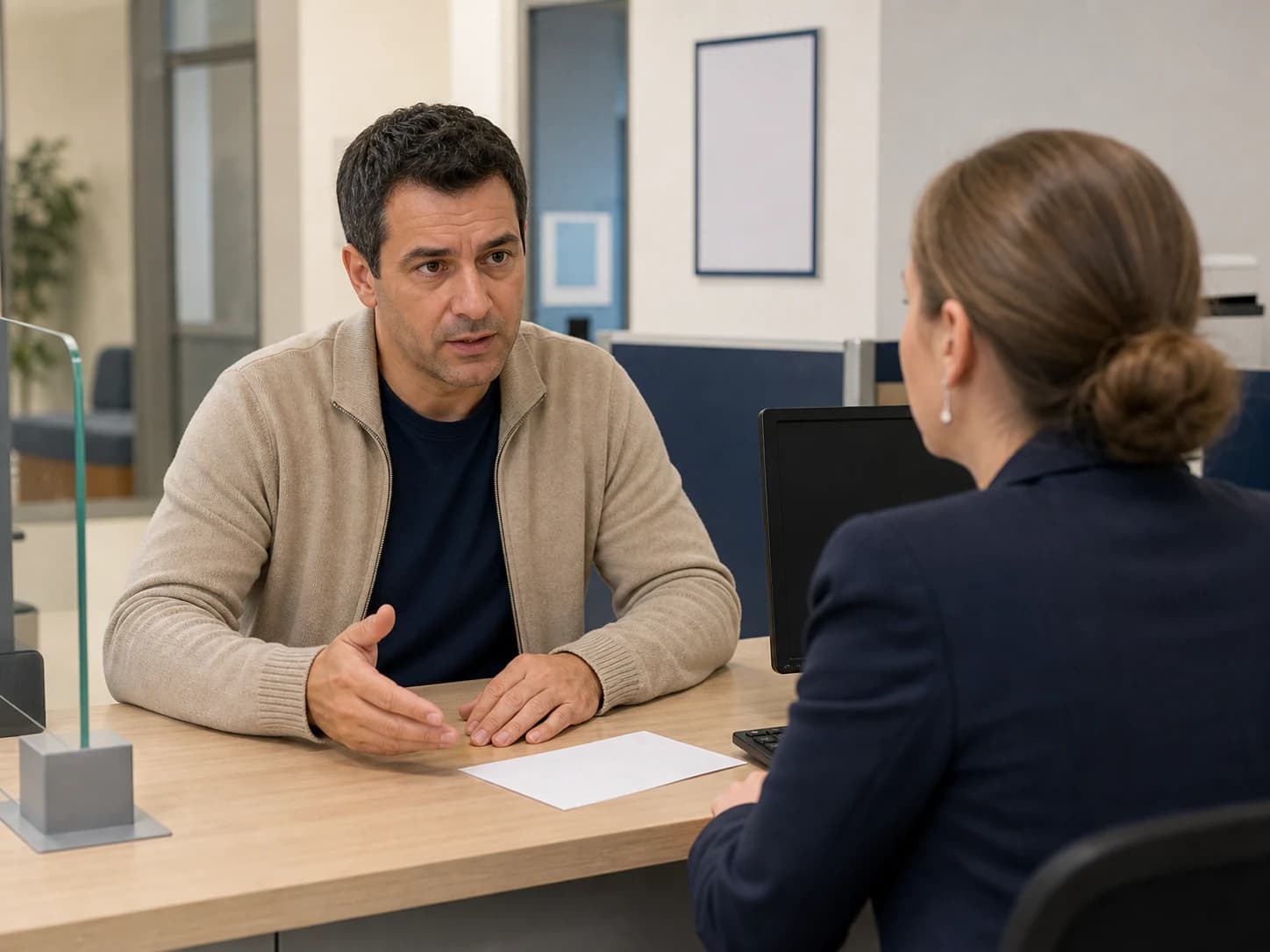 A man speaks with an employee at a service desk.