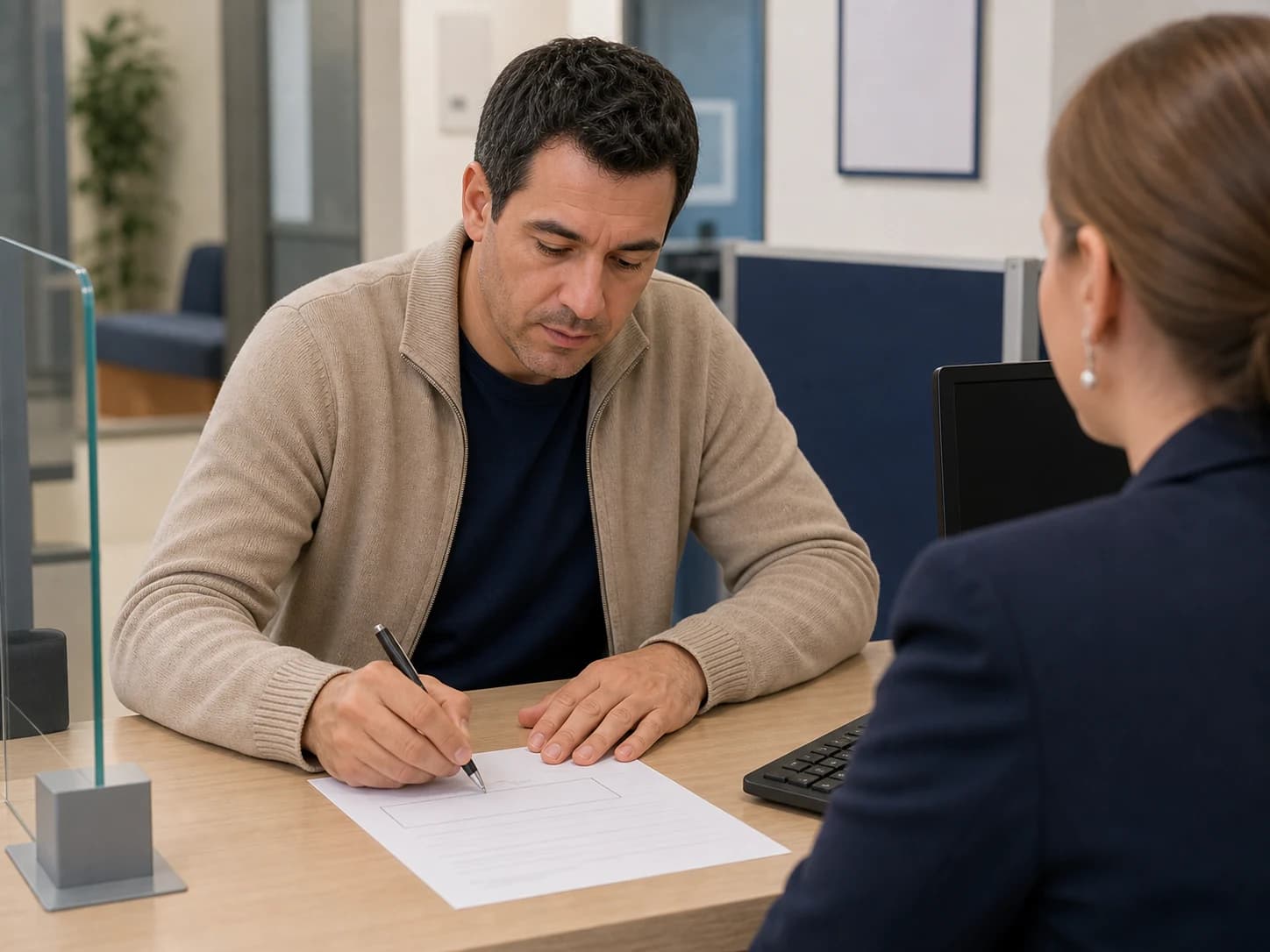 A man signs a form with a pen.
