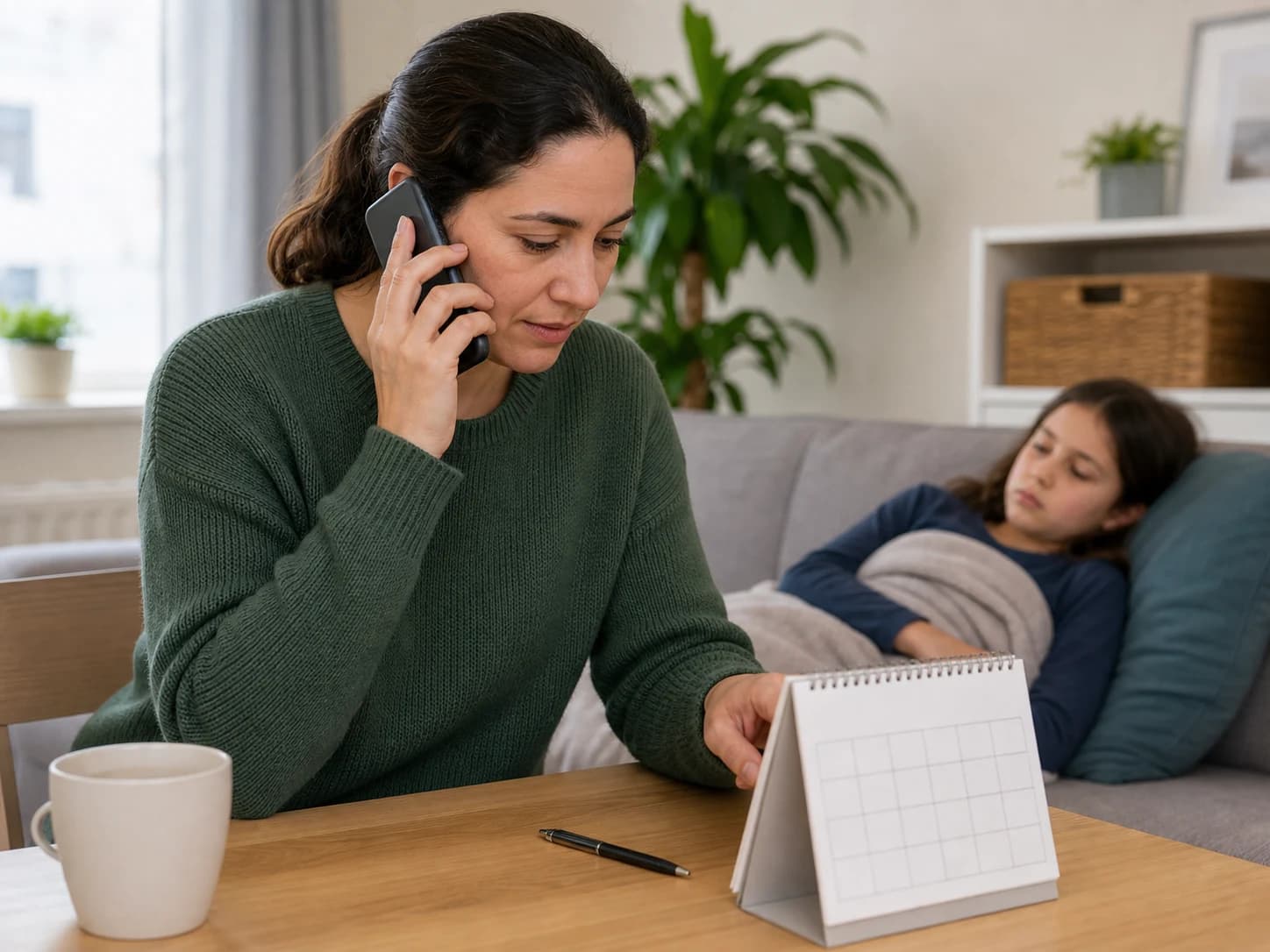 A mother calls school while looking at a calendar.