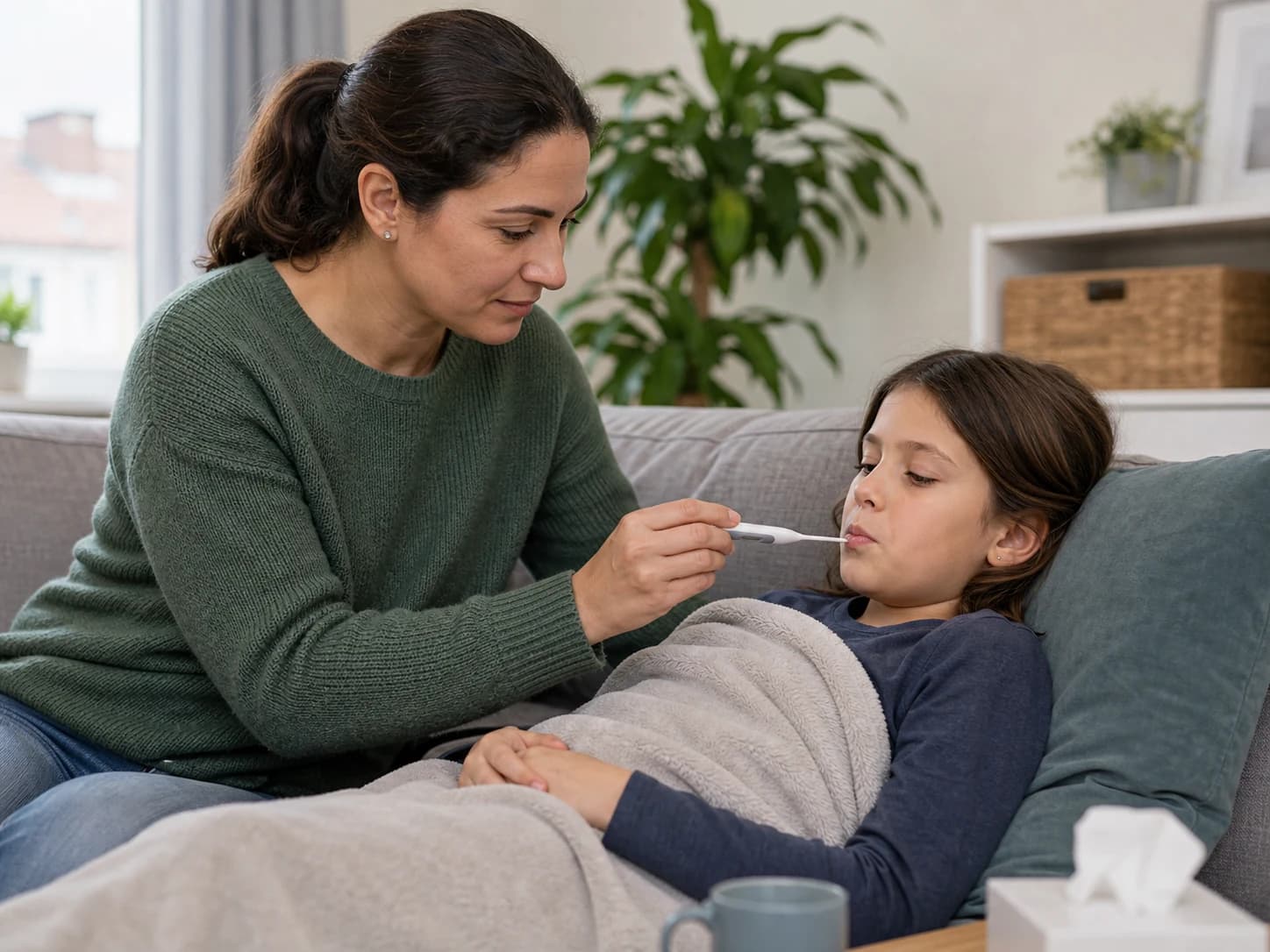 A mother checks her child's temperature.