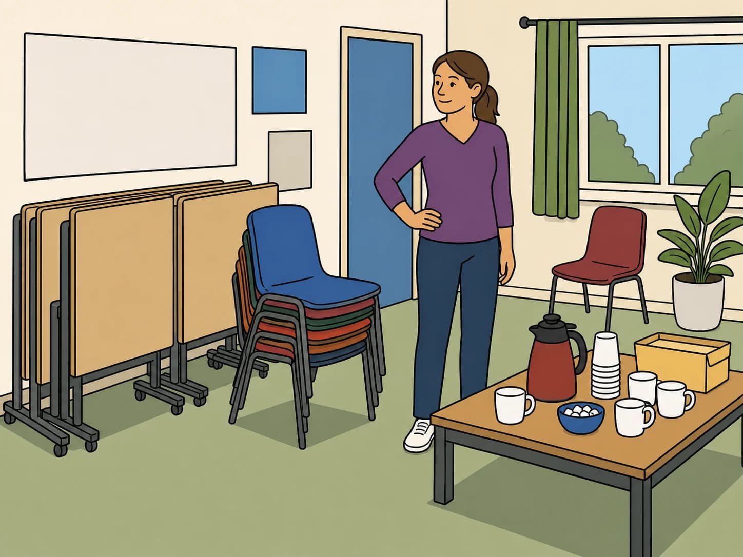 A community room is being prepared with chairs, tables, and coffee.