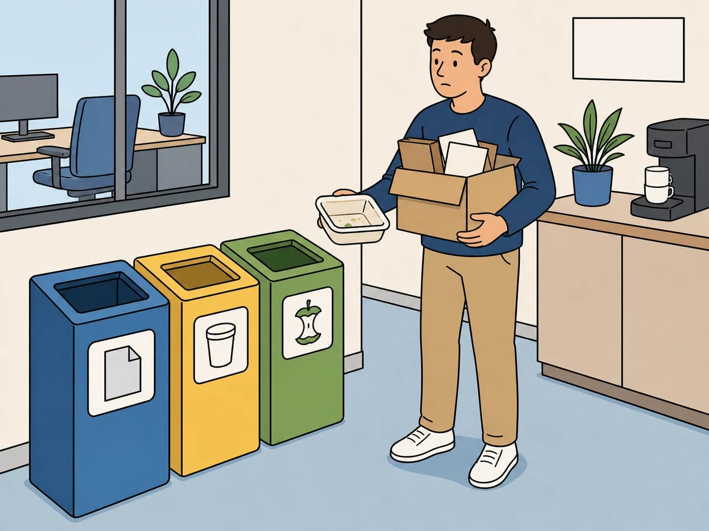 A new colleague stands near an office recycling station with different bins.