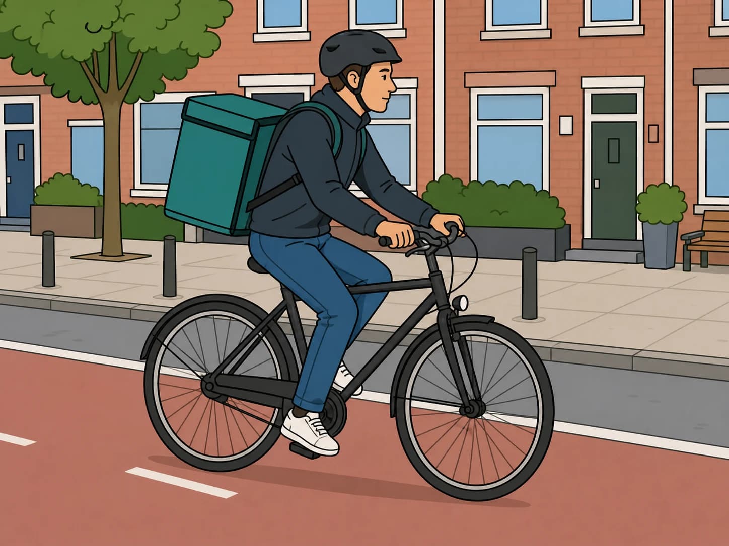 A bike courier rides through a Dutch street with a delivery bag.