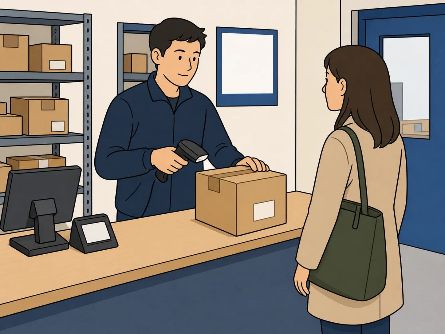 A parcel point employee scans packages for customers at a counter.