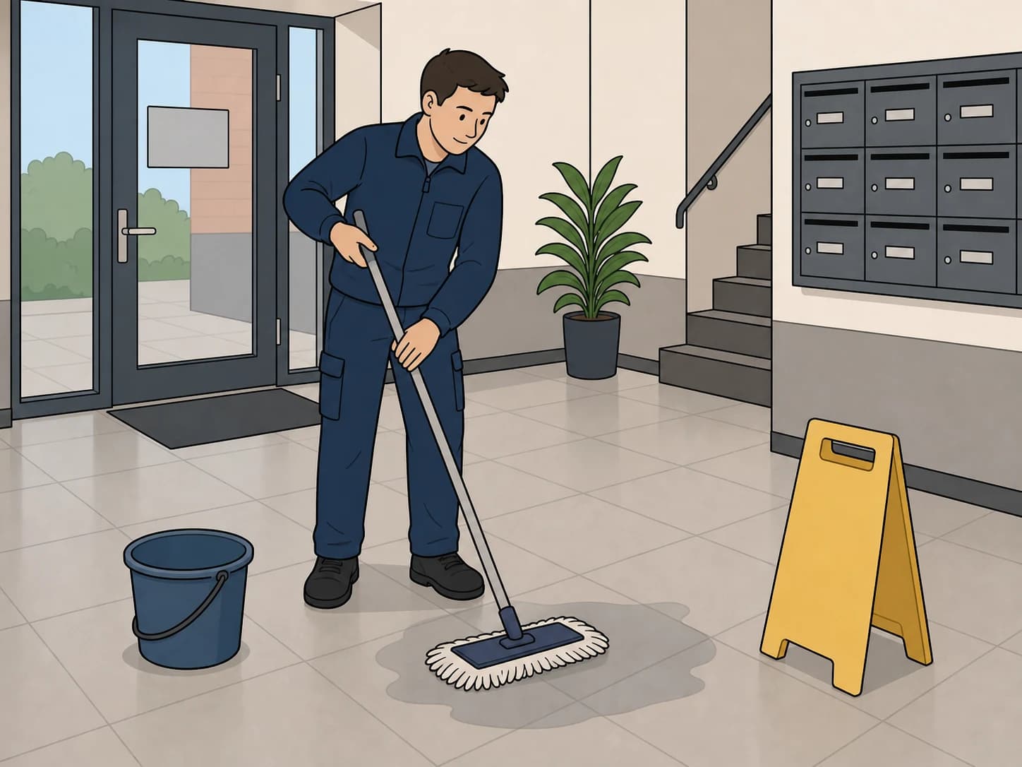 A caretaker mops the entrance floor of an apartment building.