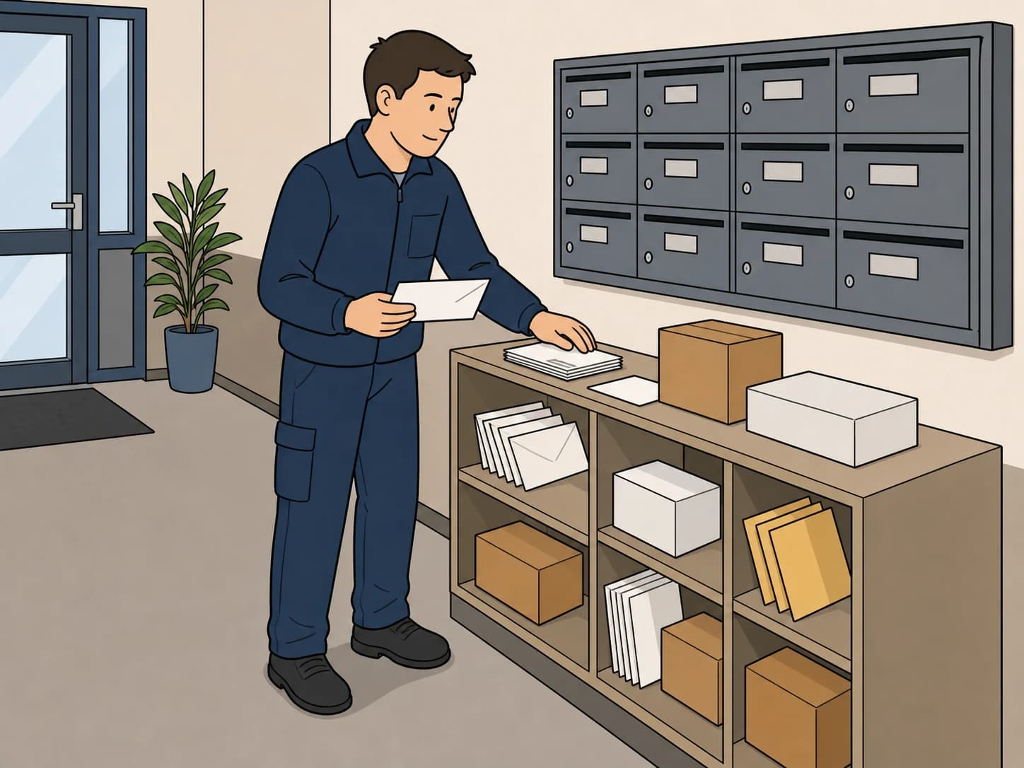 A caretaker sorts parcels and letters near apartment mailboxes.