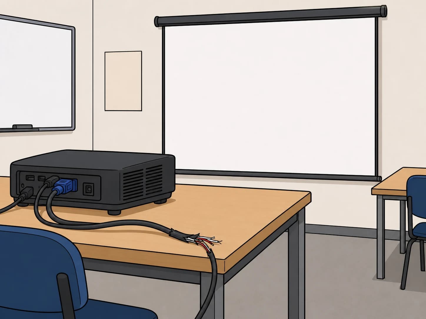 A damaged projector cable causes a blank classroom screen.