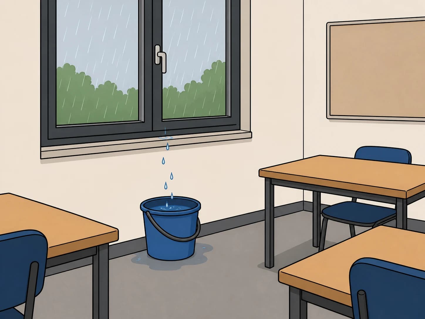 Rain leaks through a classroom window into a bucket.