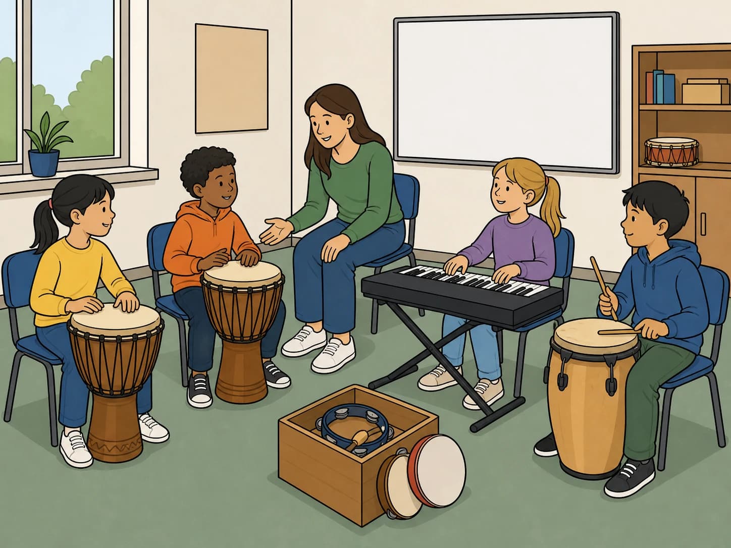 Children take an after-school music class with drums and a keyboard.