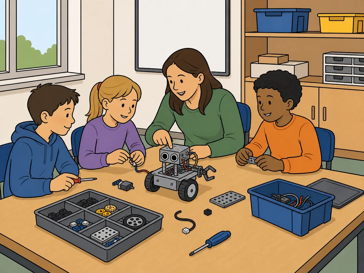 Children build a small robot together in an after-school club.
