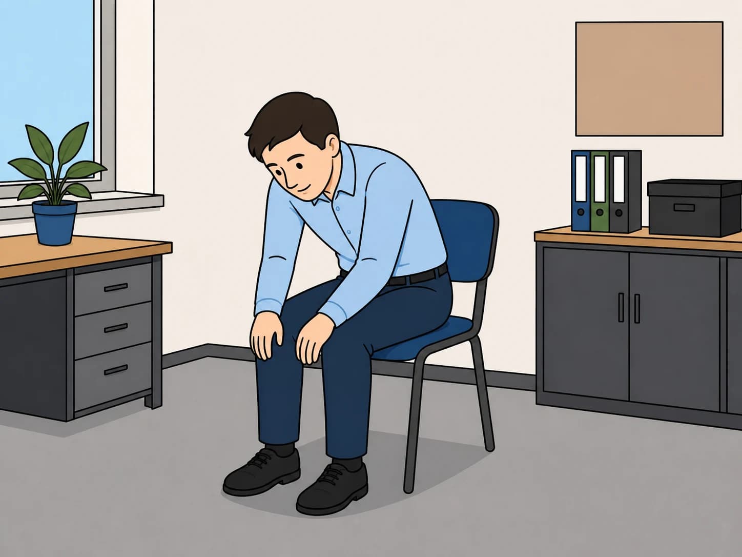 An office worker slowly bends forward while sitting on a chair.