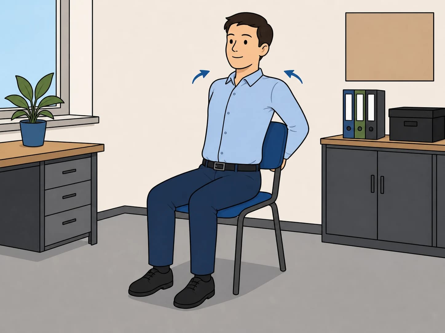 An office worker gently pulls the shoulders back while sitting.