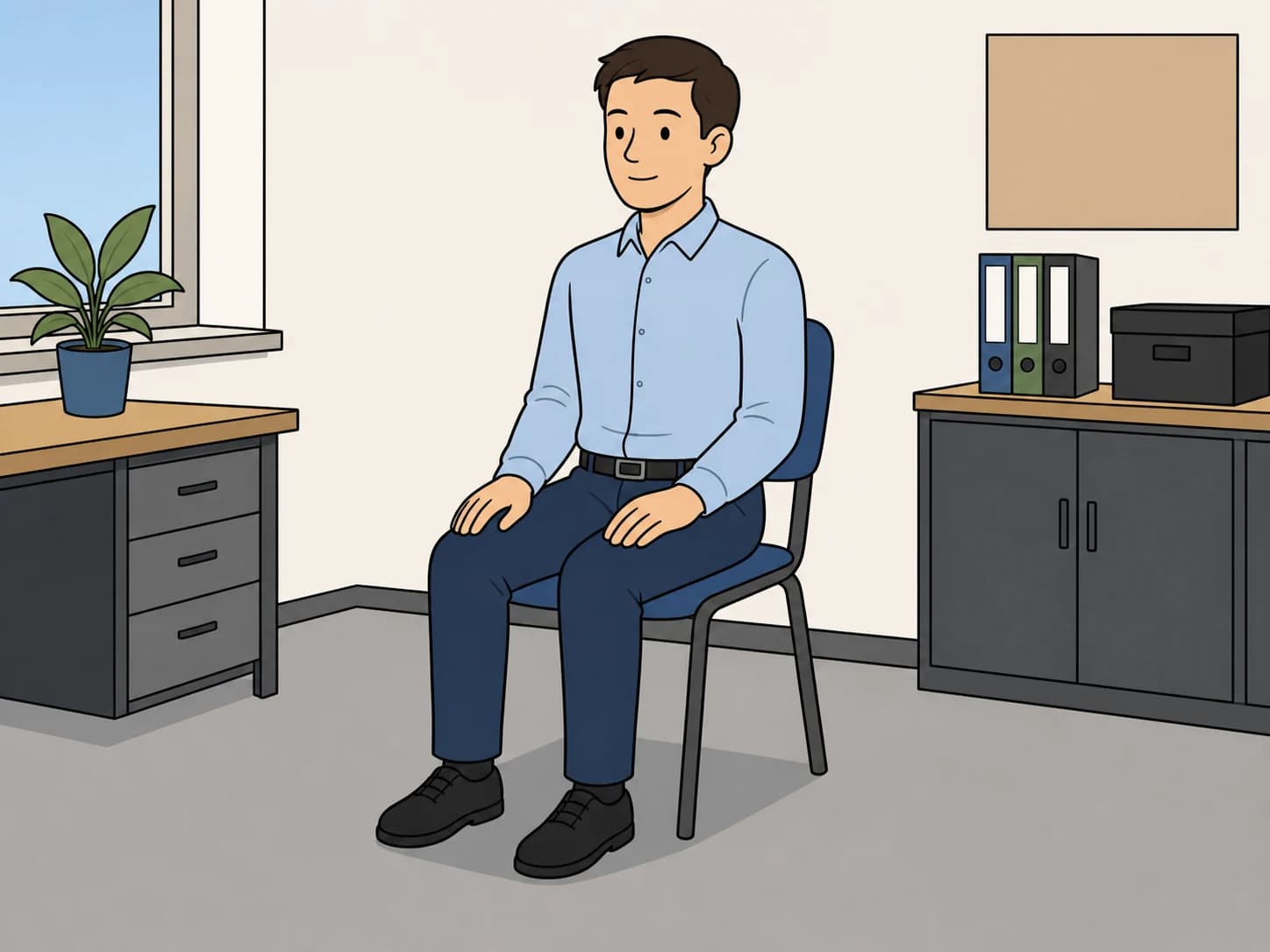 An office worker sits upright on a chair with both feet on the floor.