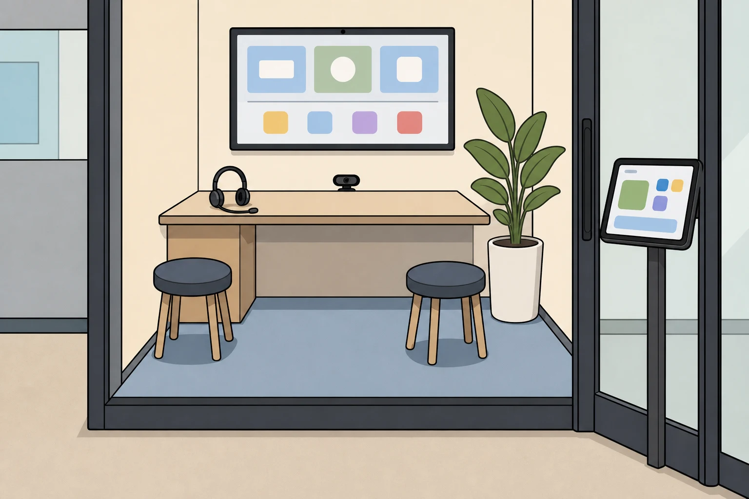 A small quiet office pod for online appointments with a screen, headset, and reservation tablet.