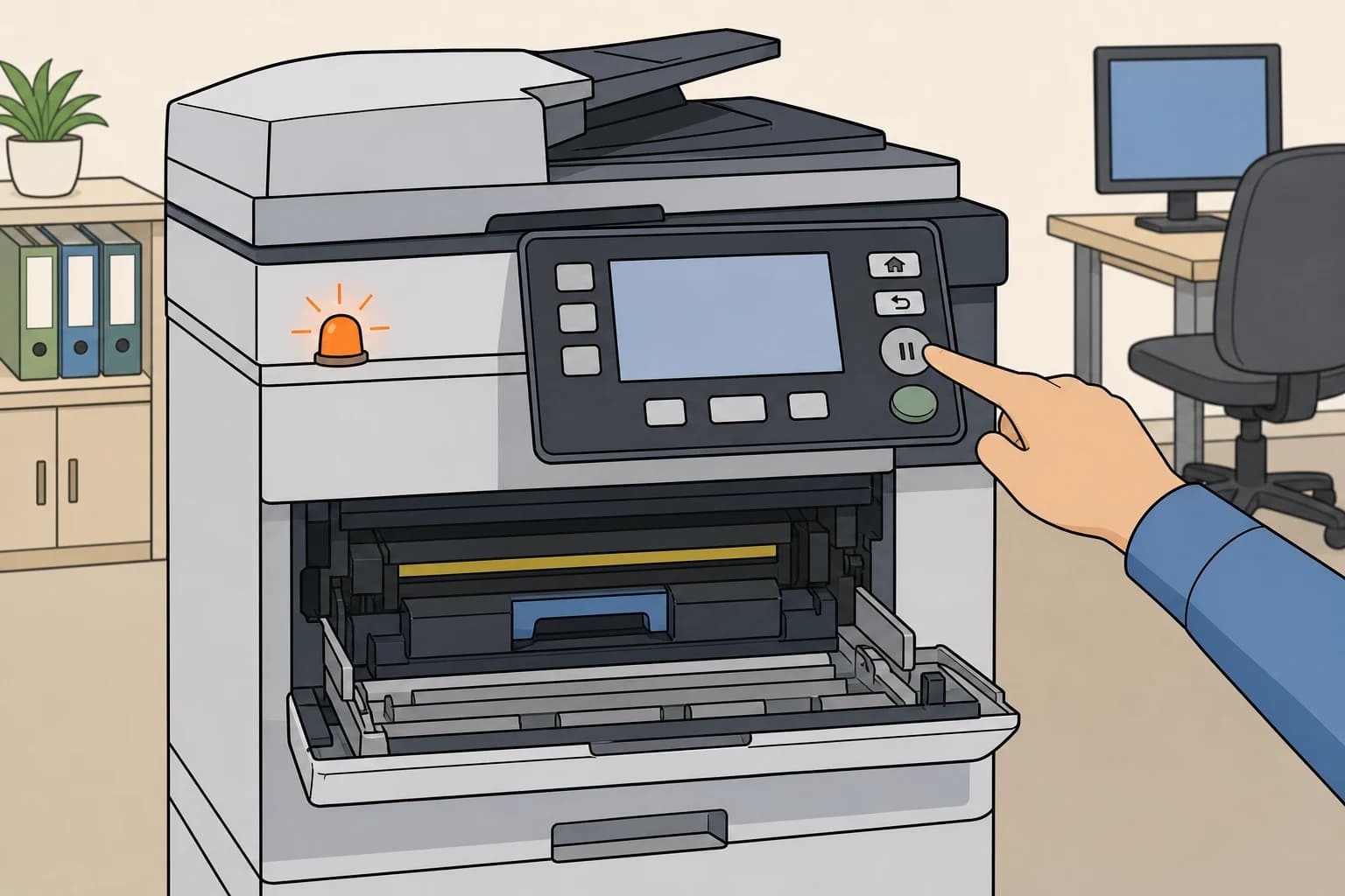 An office printer is paused with its front panel open.