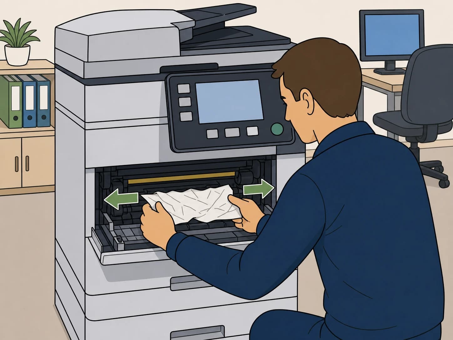 A person carefully removes crumpled paper from an office printer.