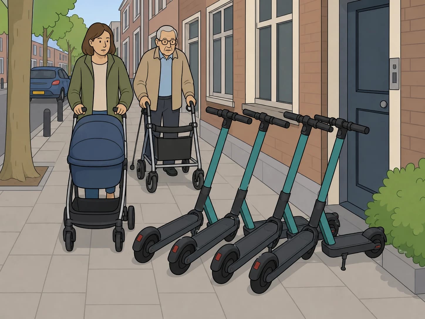 Shared scooters block a narrow pavement in front of apartment buildings.