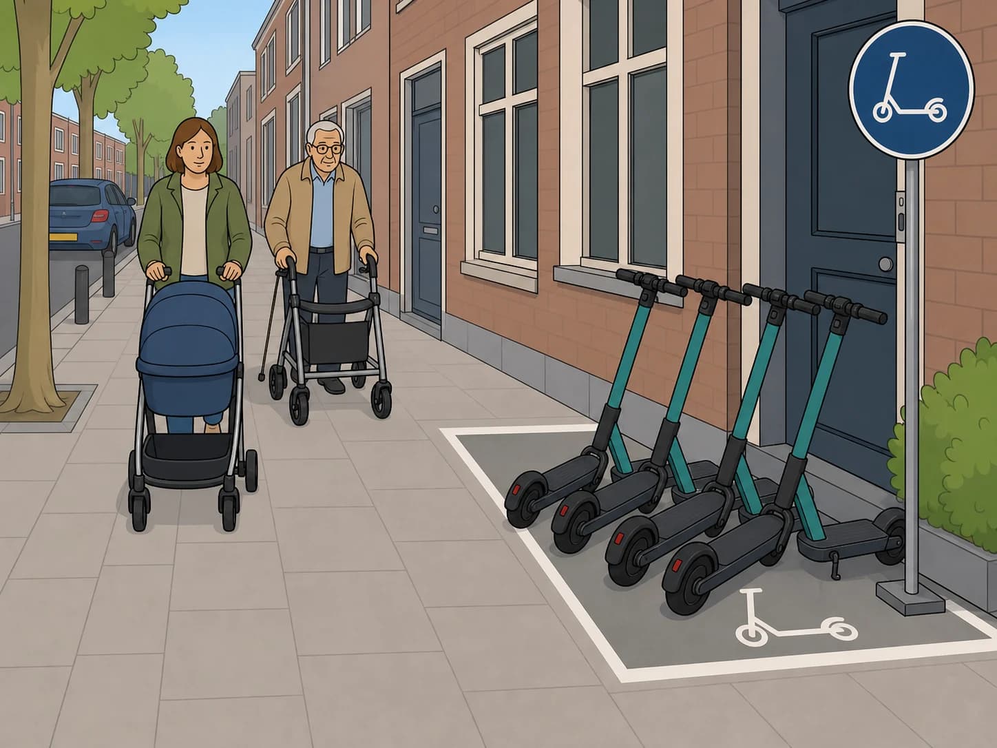 A marked scooter parking zone keeps the pavement clear.