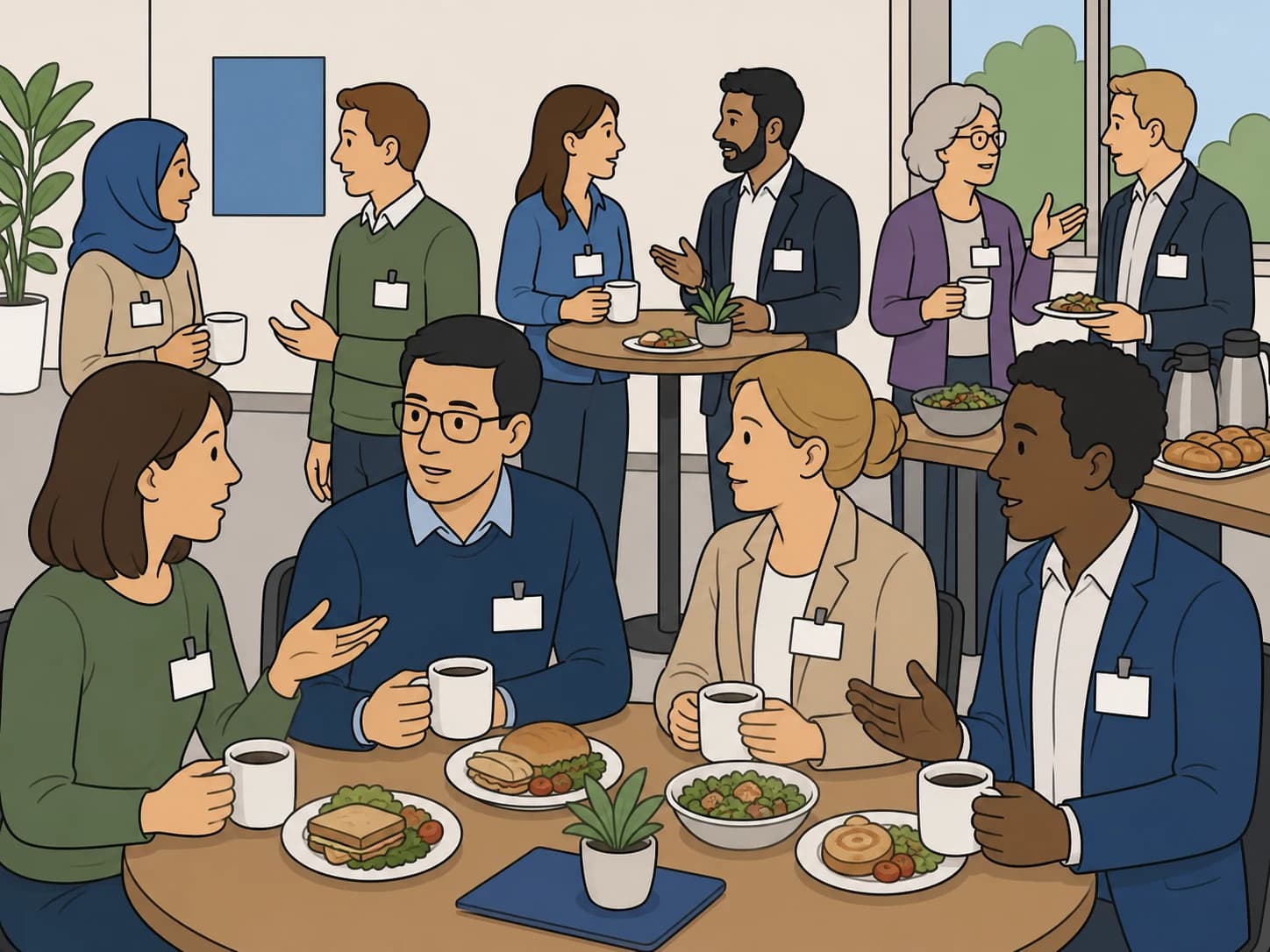 Students and professionals talk during a networking lunch.