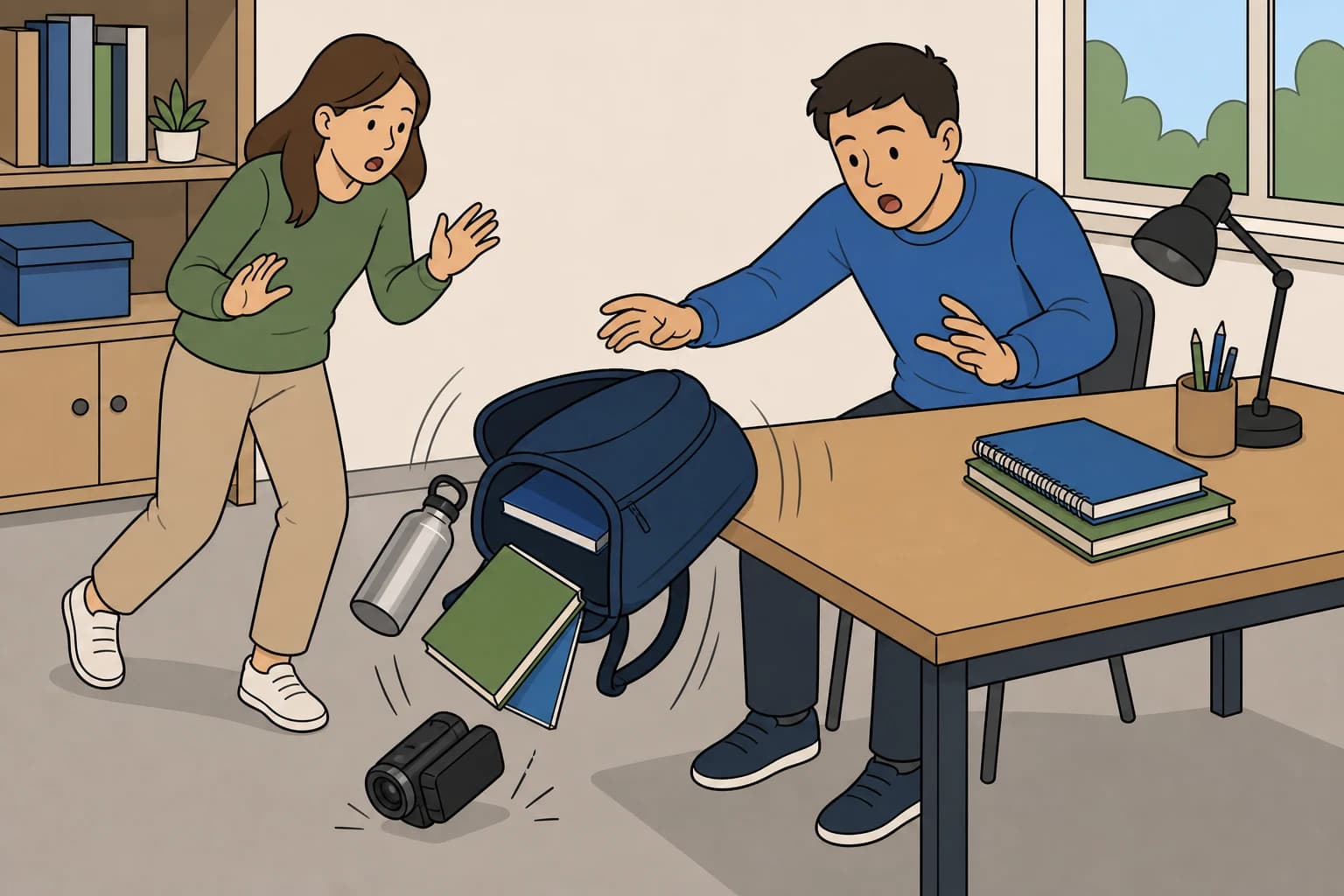 A backpack falls from a study-room table onto the floor.