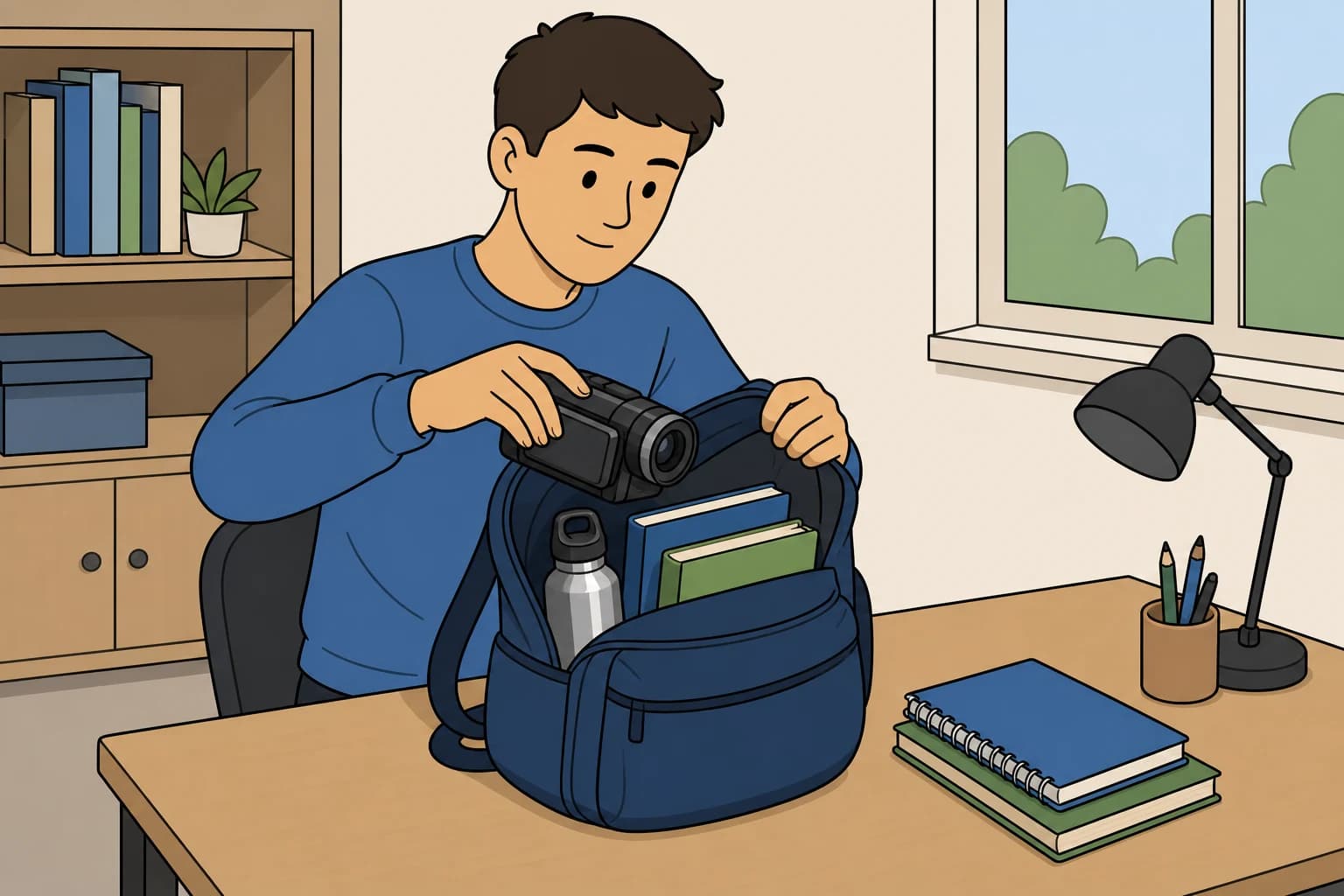 A student puts a video camera into a backpack without a protective case.