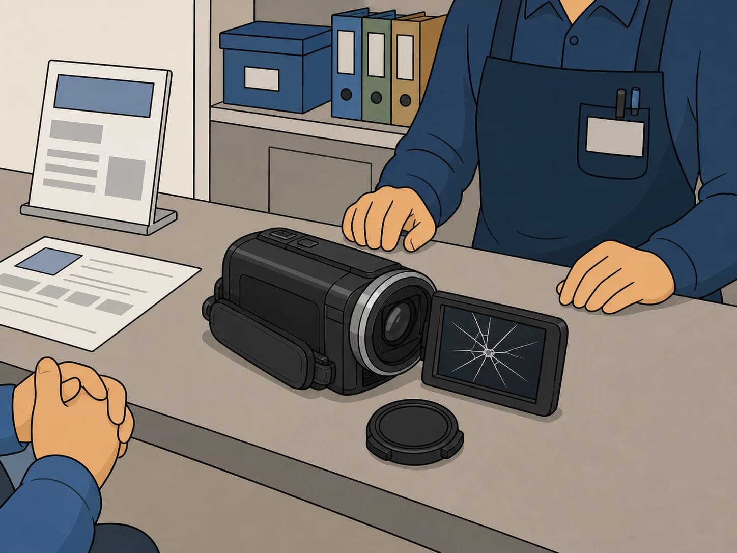 A video camera has a cracked display and a loose lens cap.