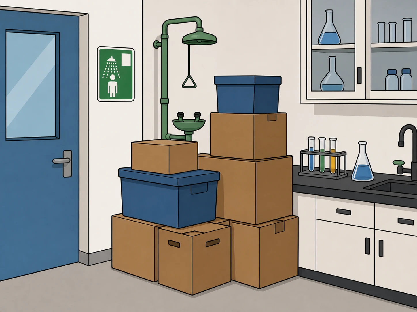 Storage boxes block an emergency eye shower in a chemistry classroom.