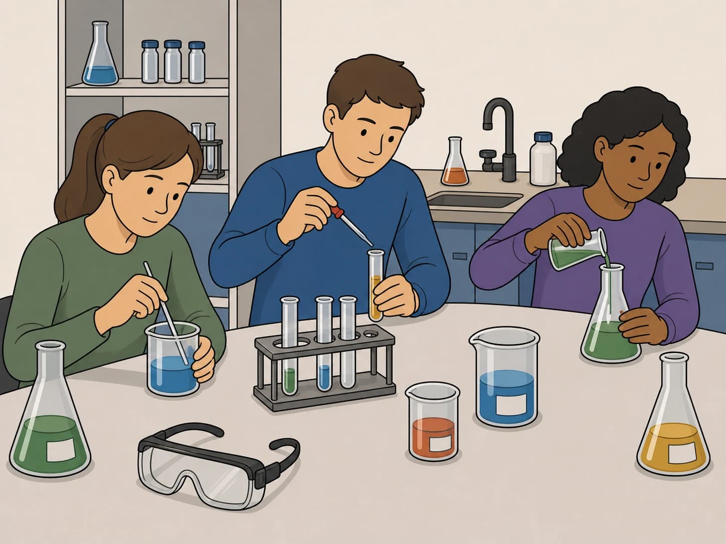 Students work with beakers while safety goggles lie unused on the table.