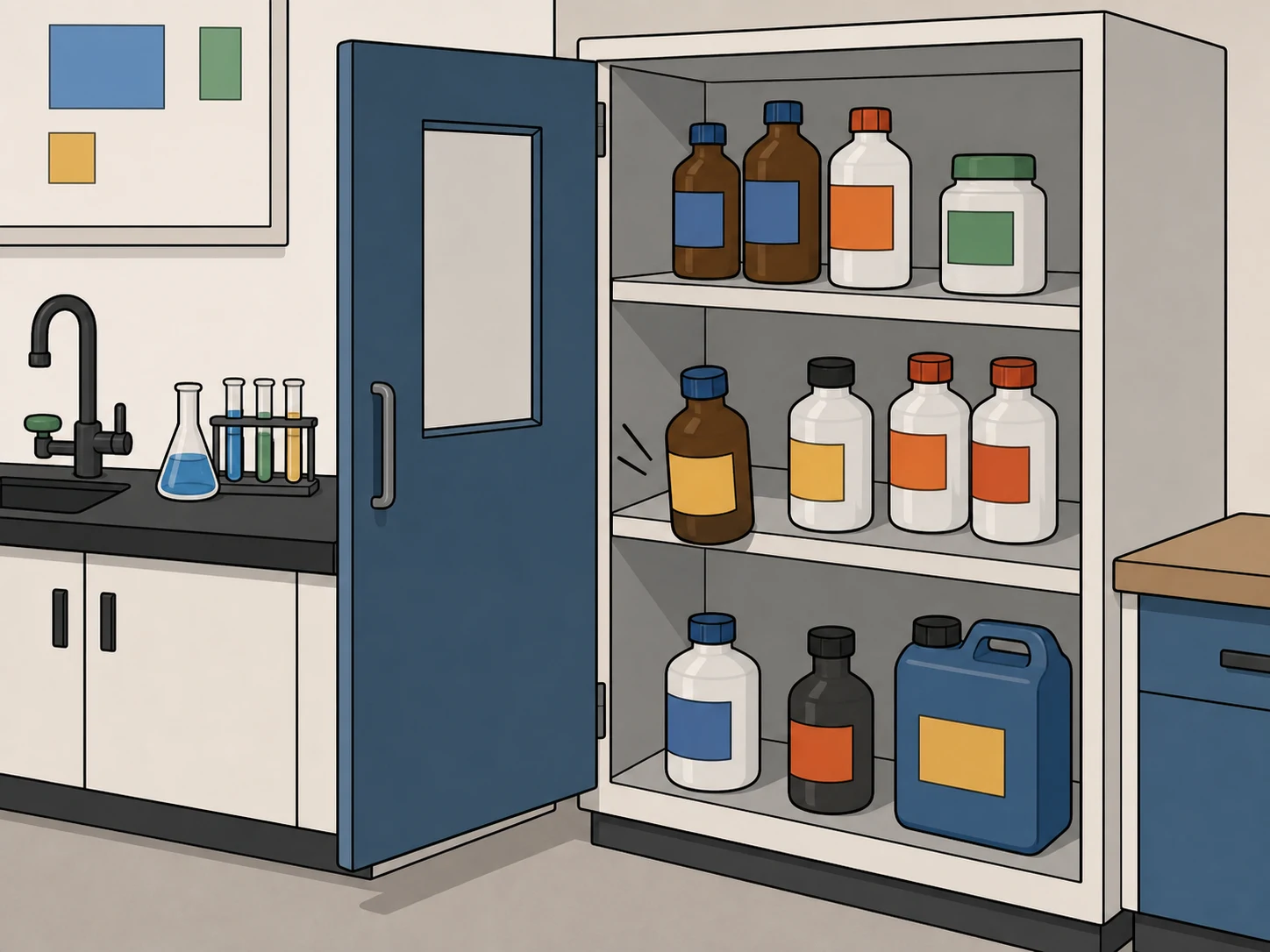 A chemical storage cabinet is open with bottles near the edge.