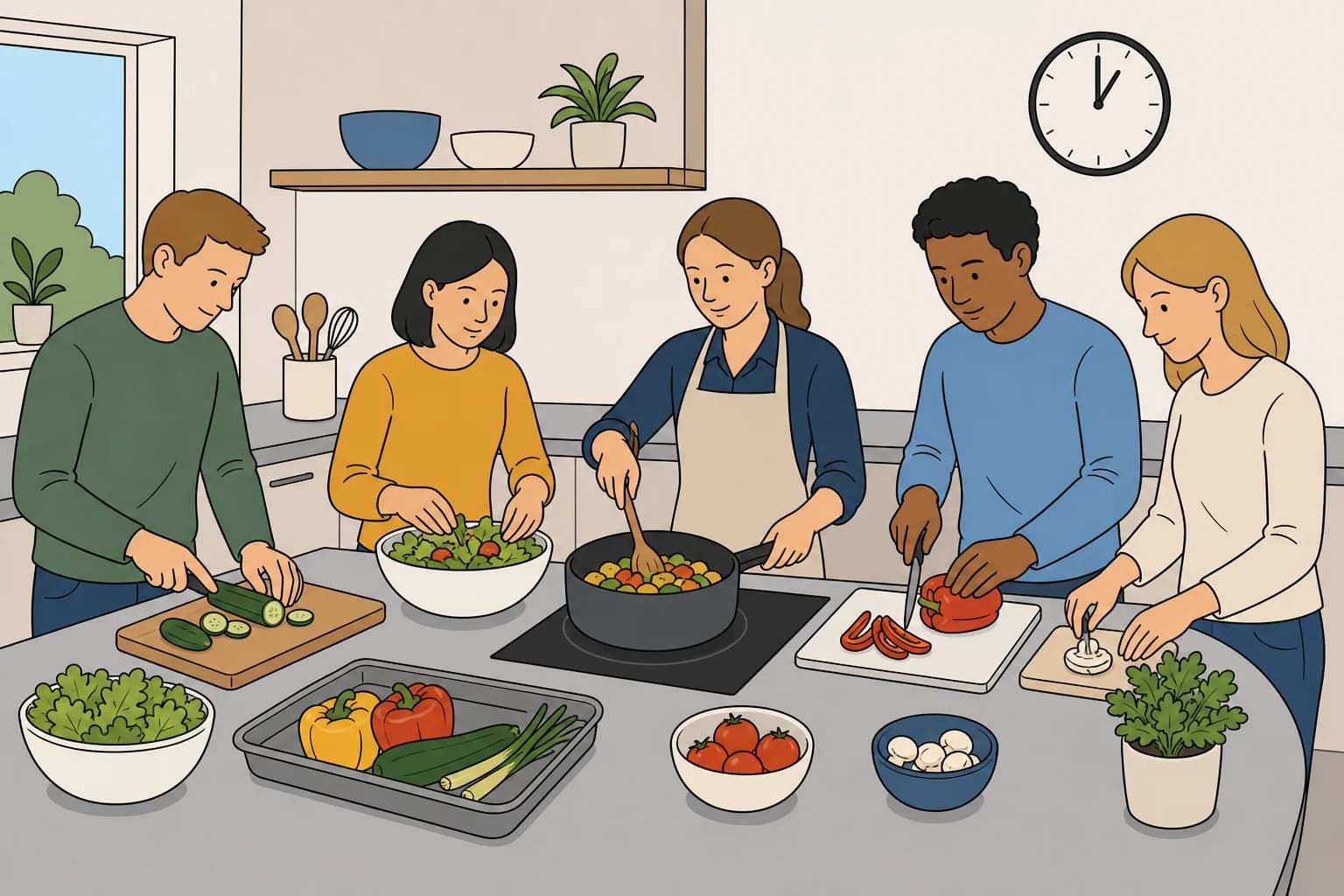 Colleagues prepare lunch together during a cooking workshop.