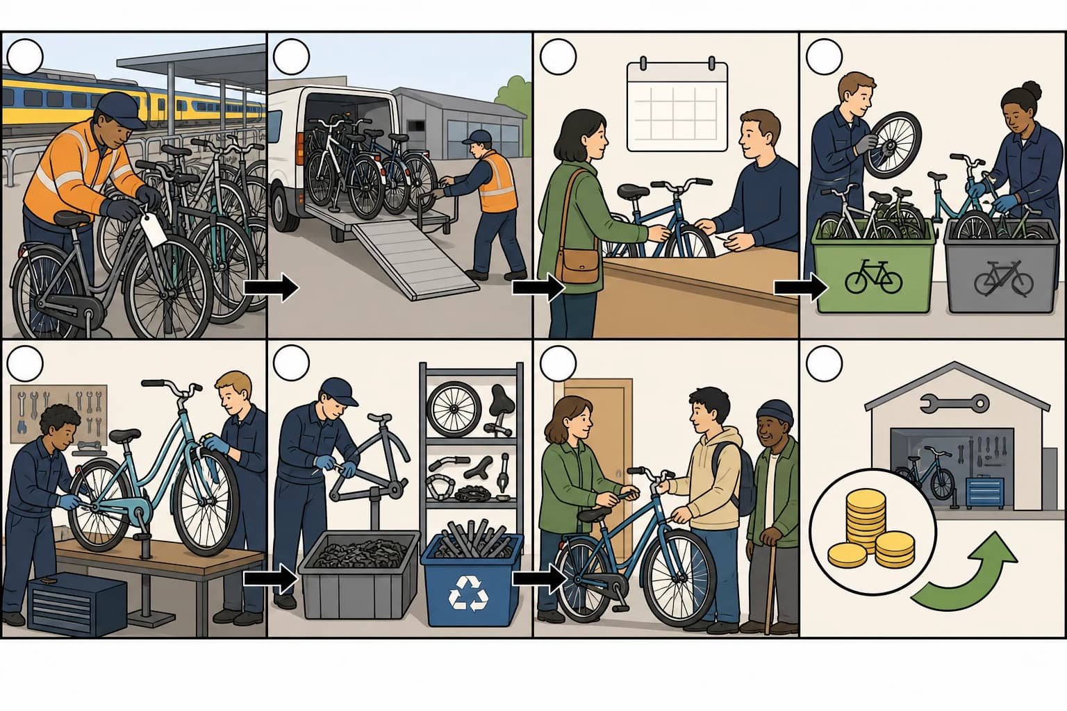 A process diagram shows how abandoned bicycles are collected, checked, repaired, reused, or recycled.