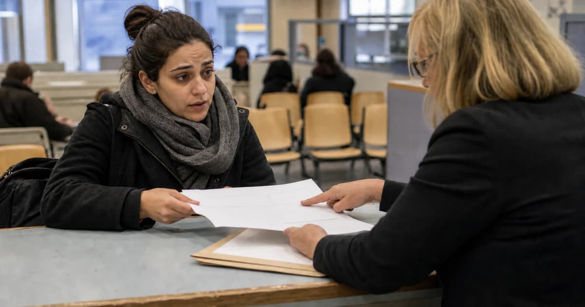 Iemand overhandigt een adresregistratieformulier aan een balie van de gemeente, terwijl een verhuurder met over elkaar geslagen armen in de deuropening van een gehuurde kamer op de achtergrond staat