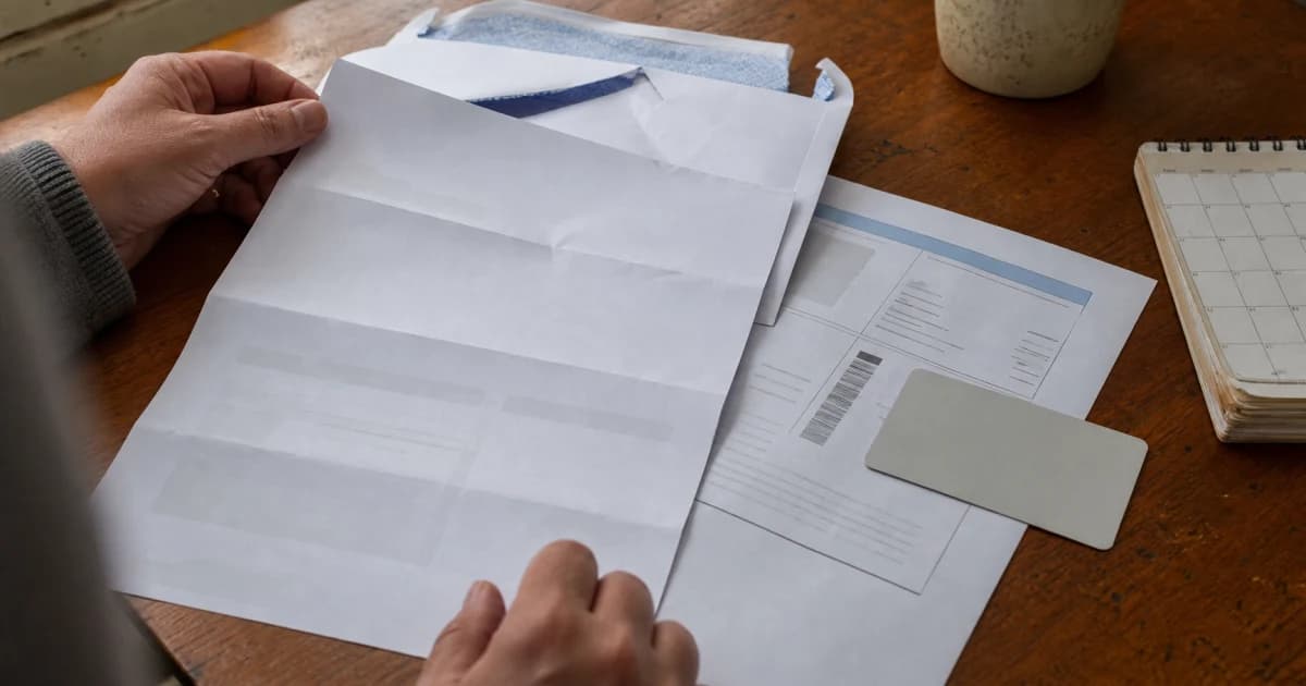 Een brief over een gemeentelijke uitkering naast bankafschriften, een kalender en een verblijfsdocument op een keukentafel