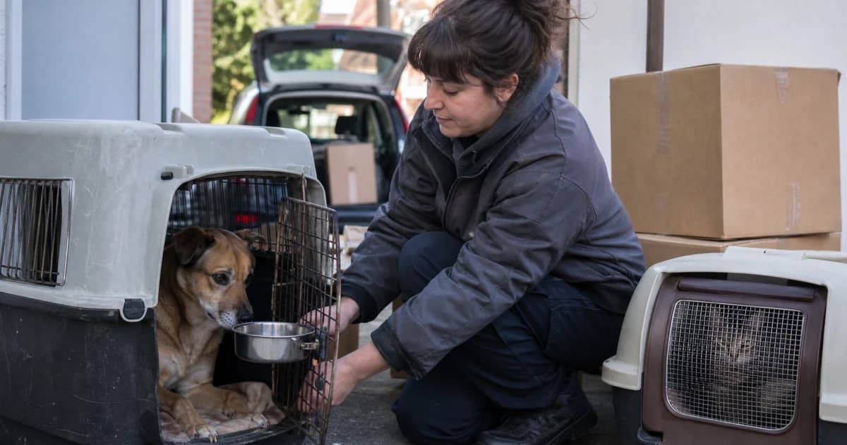 Een hond en kat in reisbenches naast verhuisdozen, huisdierdocumenten en een auto voor een verhuizing naar Nederland