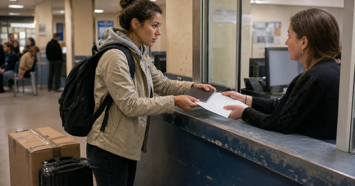 Een persoon geeft een paspoort en huurcontract aan een gemeentemedewerker, naast een verhuisdoos en ingepakte koffer
