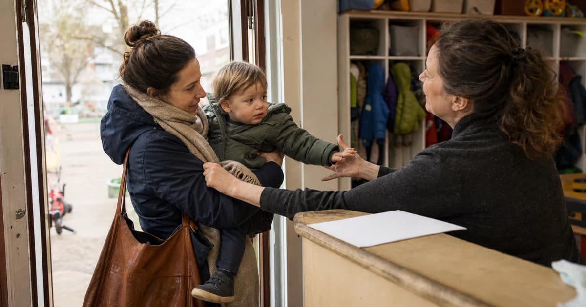 Een ouder brengt een peuter naar geregistreerde kinderopvang; op de balie liggen een contract, kalender, factuur en rekenmachine