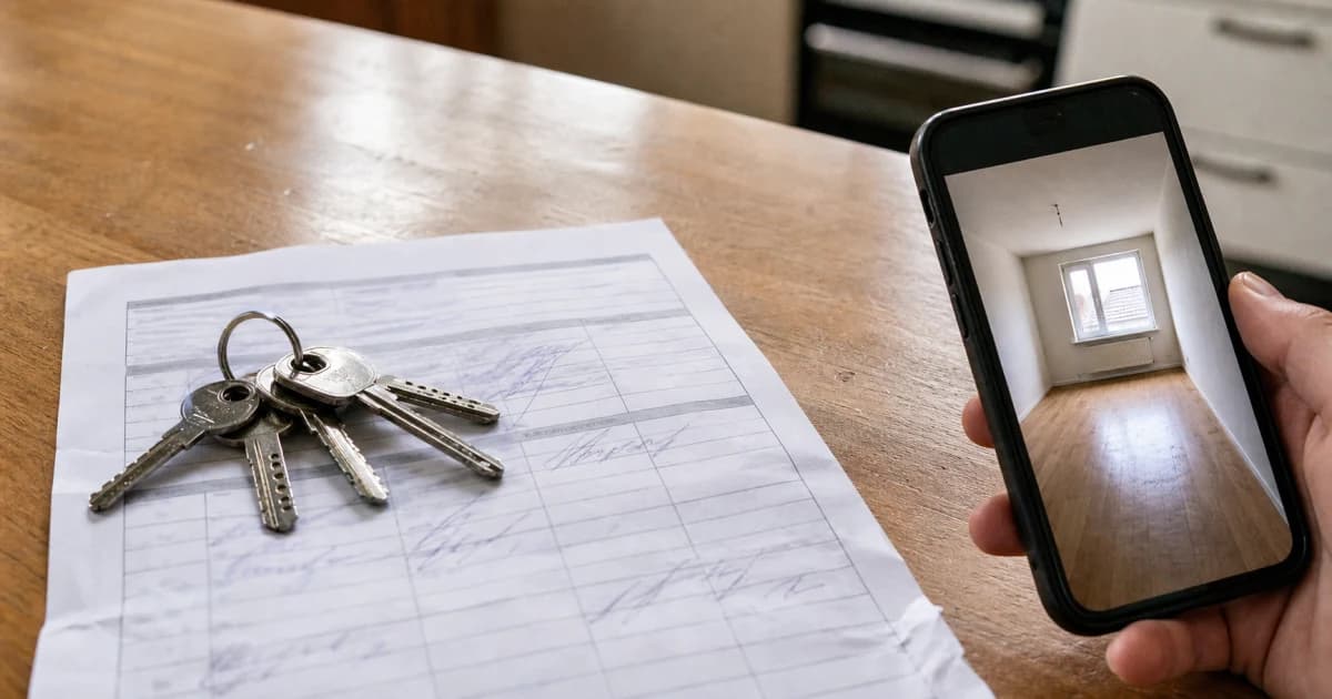 Huissleutels naast een ondertekend eindinspectieformulier en gedateerde foto’s van een lege huurwoning